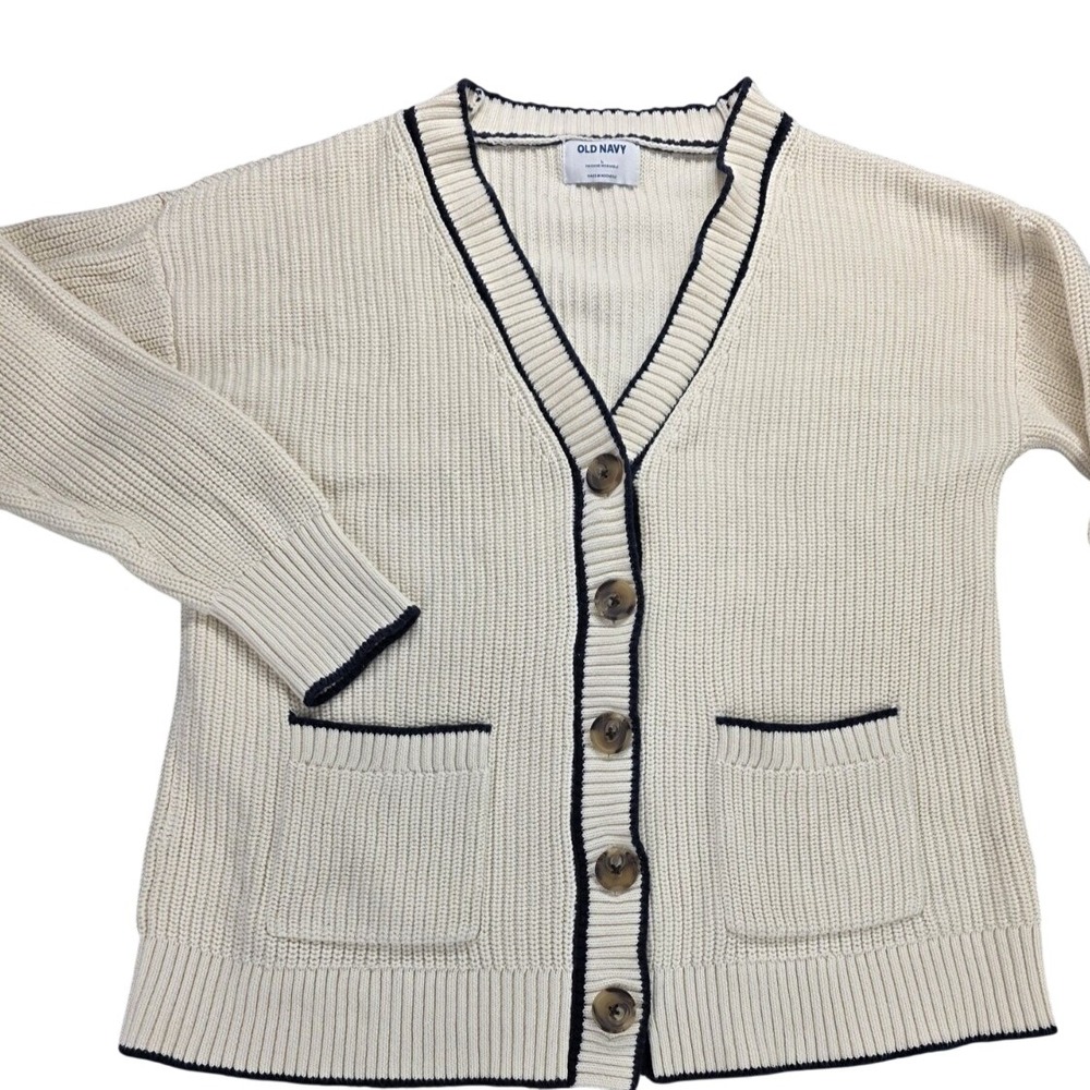 Old Navy Women's Cotton Button Cardigan Sweater Large Beige Navy Preppy Academia